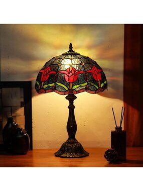 Stained Glass Red Tulip Table Lamp - Vintage Style Desk & Bedside Light